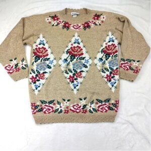 PRIVATE EYES ADELE KNIT WOMEN VINTAGE BROWN TAN ROSE FLORAL 100% ACRYLIC SWEATER
